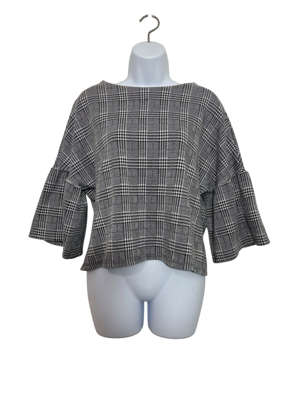 Emma James New York Plaid Bell Sleeve Top SzM Black White Glen Check